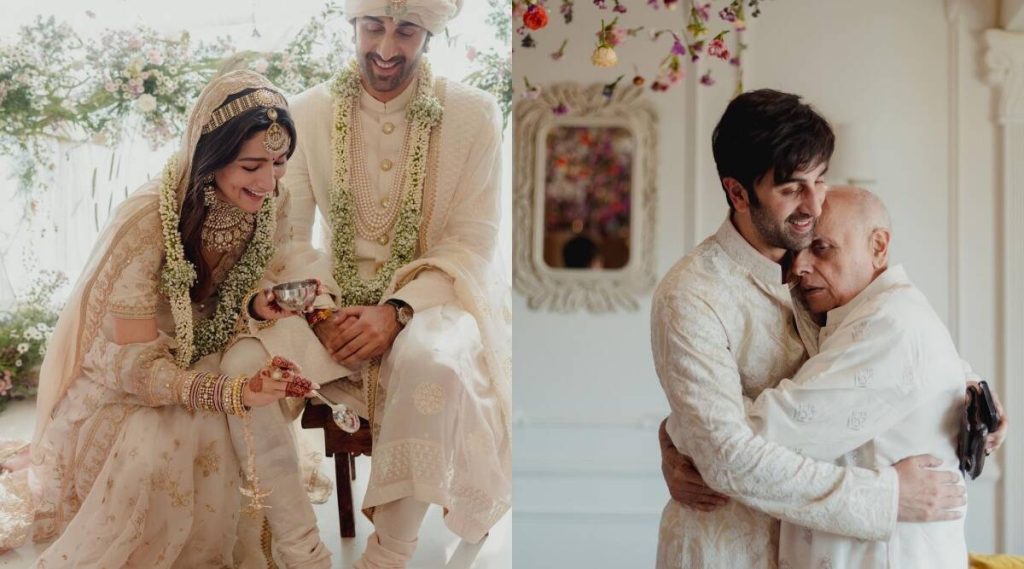 Mahesh Bhatt umarmt ihren Schwager Ranbir Kapoor, Alia Bhatt sieht begeistert aus, als sie ein Hochzeitsritual durchführt.  Siehe neue Fotos